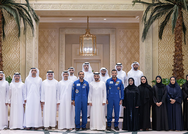 Hamdan bin Zayed receives Sultan Al Neyadi and Zayed Ambition 2 mission team from MBRSC